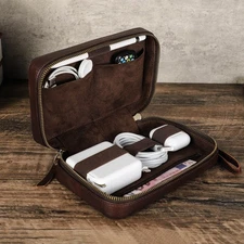 Genuine Leather Electronic Organizer Travel Cable Storage Bag Case Accessories
