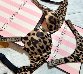 Victoria&rsquo;s Secret Shine Strap Bombshell +2 cups  Push-Up Bra Thong Set Leopard