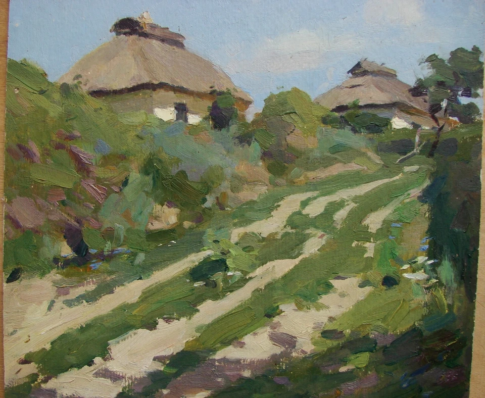 Ucraniano Soviético URSS pintura al óleo impresionismo realismo país carretera cabaña Foto 2 de 3