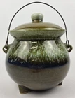 Hull Pottery Ceramic Drip Glaze Bean Pot Green Brown Mint Wire Bail Handle Vtg