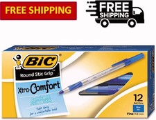 BIC Round Stic Grip Xtra Comfort Blue Ballpoint Pen Fine Point 0.8mm , 12 Count