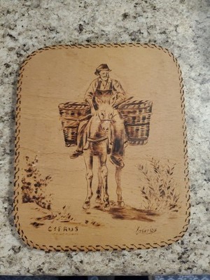 Wood Burn Painting Farmer W/ Baskets On Donkey Greek Cyprus 6.5x8 (B323)
