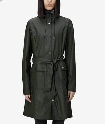 Rains Curve Jacket Women Olive Green Waterproof Hooded Belted Raincoat - Medium