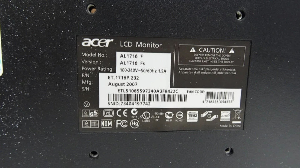 Acer AL1716 LCD Flat Panel Computer Monitor Black & Silver 17" Display 1280x1024 - Image 2 of 3