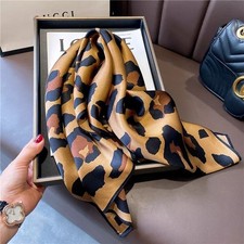 100 Mulberry Silk 27'' Scarf Women Brown Leopard Print Kerchief Square Bandana