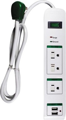 GoGreen Power 3 Outlet Surge Protector 2 USB Port, 3-ft Cord, White -GG-13103USB
