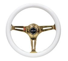 NRG Classic Wood Grain Steering Wheel (350mm) White Grip w/Chrome Gold 3-Spoke
