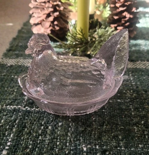 Vtg Glass Hen On Nest Split Tail Candy Dish Pink Purple Dusty Rose Fenton?