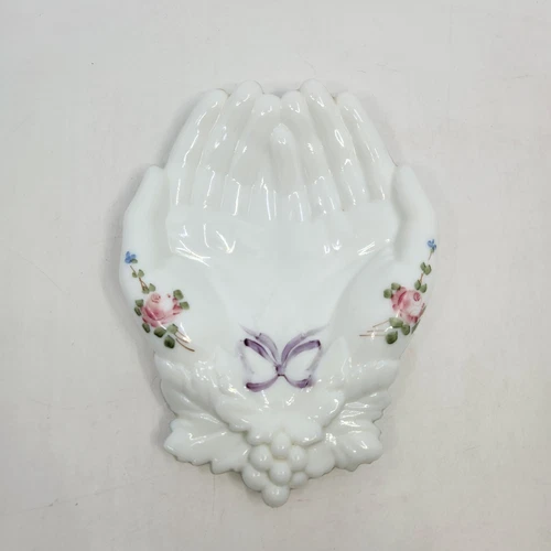 Westmoreland White Milk Glass Open Hands Candy Dish Handpainted Flowers 8" Vtg