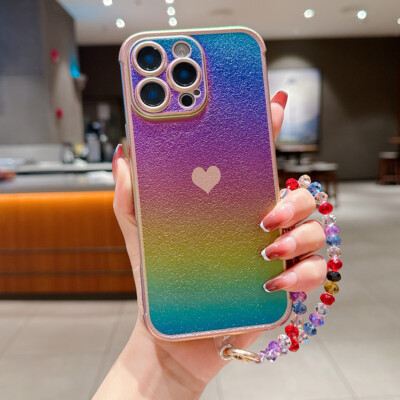 For Apple iPhone 14 15 16Pro Max 16E Heart Pattern Phone Case With Wrist Strap 