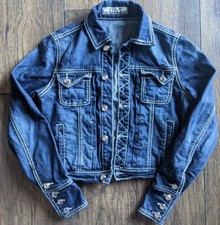 R Cinco Ranch Women's Dark Stretch Jean Jacket Heavy Embroidery & Large Bling Xs