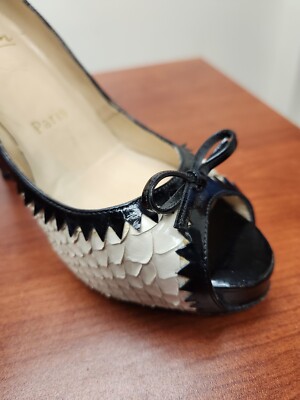 Christian Louboutin Ivory Python Peep Toe Bow Pumps Heels Shoes
