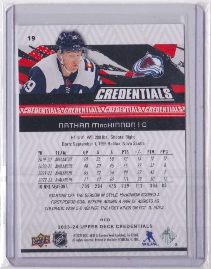 2023-24 UD CREDENTIALS RED BASE PARALLEL /349 NATHAN MacKINNON #19 AVALANCHE - Image 2 of 2