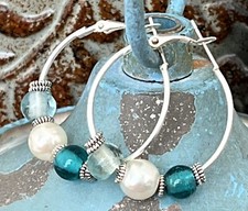 Ocean Tones Glass Bead  Silver Lever Back Hoop Dangle Earrings.