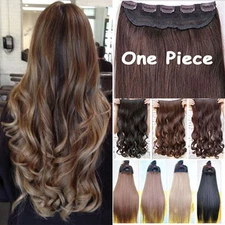 Women One Piece Real Clip in on Hair Extensions Full Head Straight Curly Wavy US