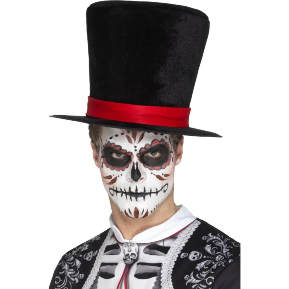 Schwarzer Tag Der Toten Skelett Zylinder Mit Roter Band Fancy Dress Accessoire - Bild 1 von 1