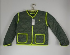 NWT Polo Ralph Lauren Boys Neon Trim Quilted Olive Jacket Navy Size Medium 8/10