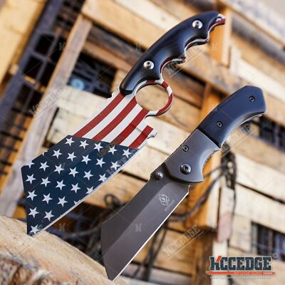 Little Cleaver Combo 2PC Mini 6.5'' Pocket Knife + FIXED US Flag 8'' CLEAVER