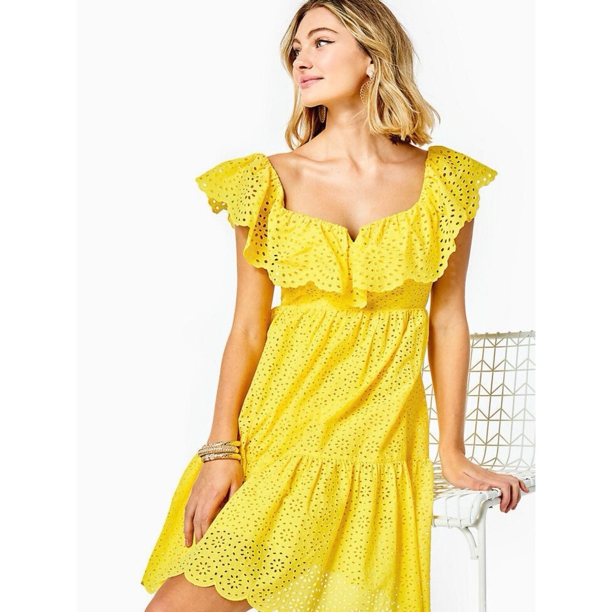 Lilly Pulitzer “Asteria” yellow eyelet overlay flutter sleeve 