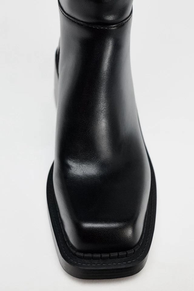 ZARA Women Square Toe Over-The-Knee Thigh High Leather Boots Black US 9 EUR 40 - Image 3 of 4