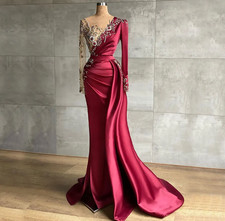Dark Red Beaded Mermaid Prom Dresses Jewel Neck Long Sleeves Sequined Evening
