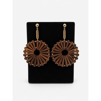 Boho Wood Sunburst Drop Earrings Gold Tone Beaded Statement Wheel Dangle Brown