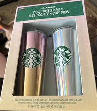 Starbucks 2pk 24 Oz Tumbler Set with 6 Iced Coffee K-Cup Pods Pink and Silver