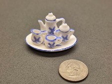 Miniature Dollhouse Porcelain Tea Service with One Mug - Blue Windmills on White