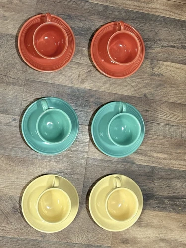 SET OF 6  FIESTA TEA CUPS & SAUCERS FIESTAWARE USA HOMER LAUGHLIN