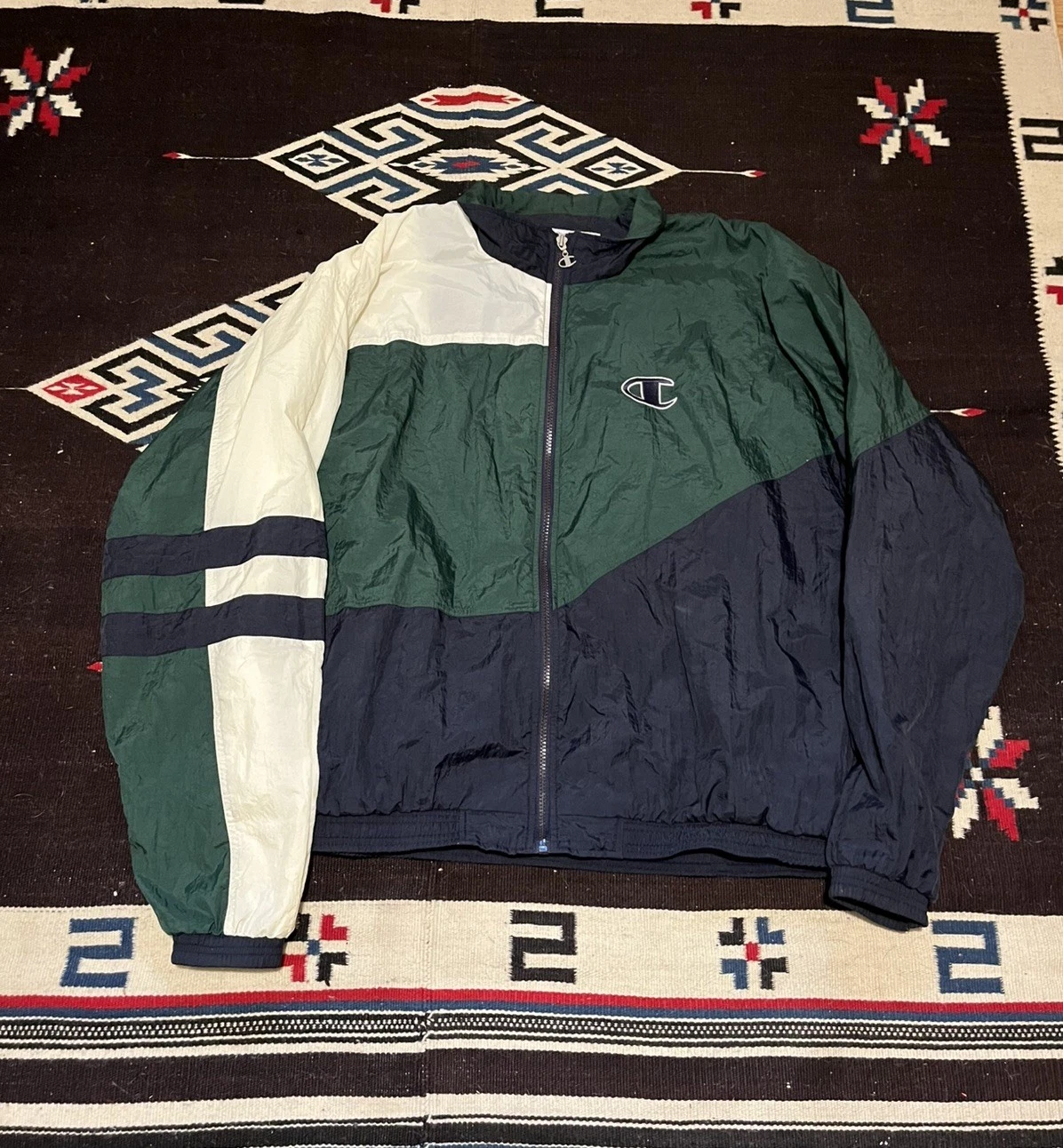 Vintage Champion Windbreaker 90s Colorblock Jacket Mens XL Green Zip Up