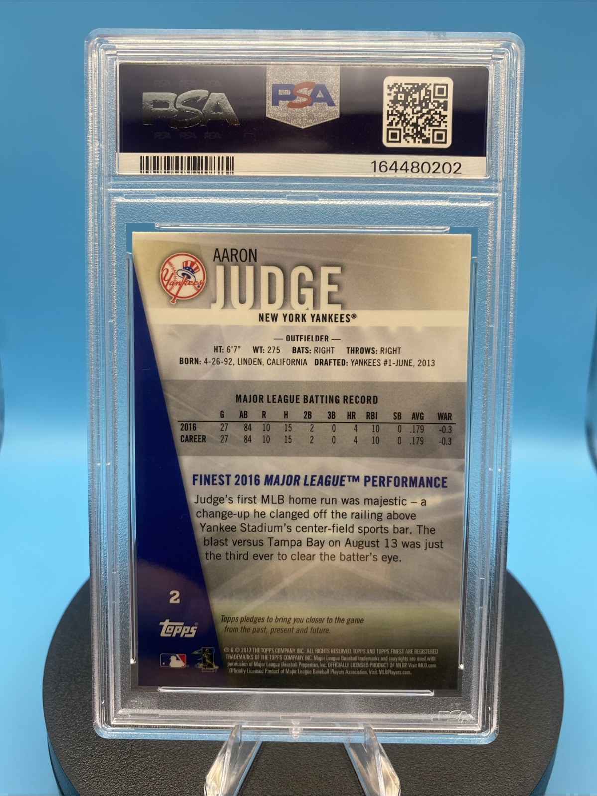 (RC) 🔥 2017 Topps Finest - Aaron Judge #2 PSA-9 Mint ⚾️ Best Performance 2016 view 2