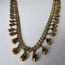 Vintage Belly Dancing Gold Plated Brass Bell Necklace Intricate Flower Bells 14”