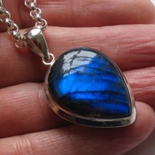 Large Labradorite Pear Drop Pendant in Sterling Silver, Blue Firing Labradorite