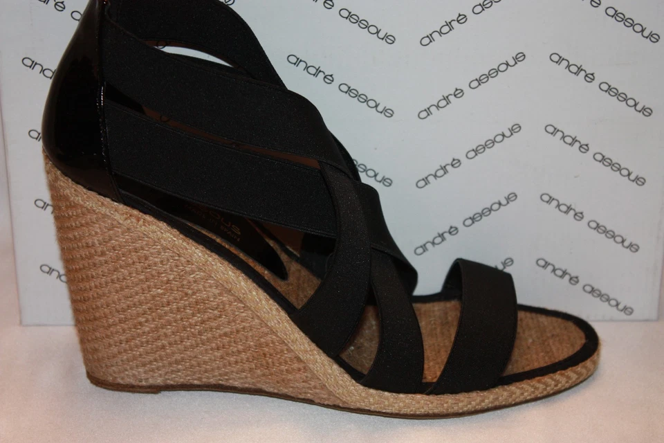 NEW NIB ANDRE ASSOUS Black Elasticized Straps Leather Jute Wedge Sandals 10 $235 - Image 3 of 4
