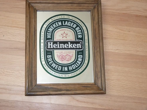Vintage Heineken Beer Mirror 15"x12" Wood Frame Sign