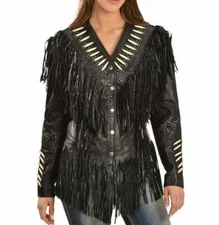 Women Western Wear Cowgirl Black Lambskin Leather Fringe Jacket Bones Studded