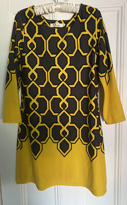 Aryeh Geometric Dress Size Medium Dark Gray Sunny Yellow Polyester Spandex 34  L