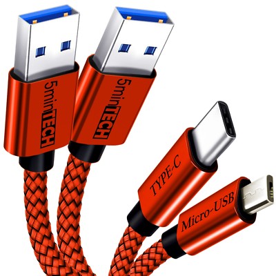 2 PACK [MIcro USB + Type C] Nylon Braided USB Data Sync Charging Cable