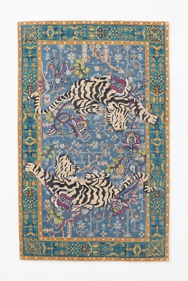 Handgeknüpfter Wollteppich Agnes Design Blau Orientalisch Tiger Muster Dekor