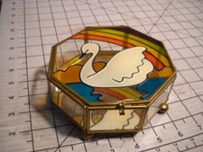 Octagonal Plastic Brass Mirror Trinket Box Swan