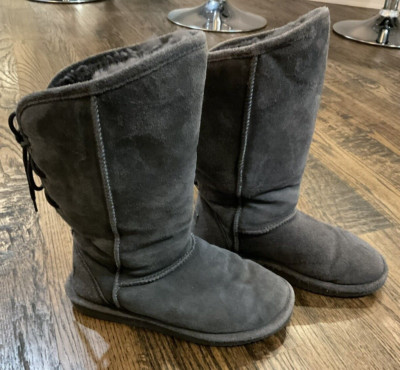 Bearpaw Emily Winter Boots Gray Lace Up Sheepskin Footbed Wool Lined Womens Sz 7