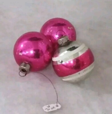 3 Vtg Shiny Brite Glass 2'' Round Christmas Ornaments-2 Solids/1 Stripe- Hot PINK