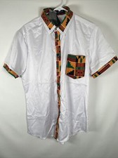 LucMatton Men's African Printed Patchwork Design Short Sleeve Button up Shirt Md