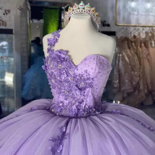 Purple Quinceanera Dresses 3D Flowers One Shoulder Sweet 15 16 Party Ball Gown== - Picture 4 of 12