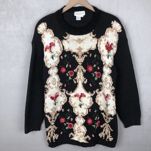 VTG JENNIFER REED Hand Knitted Embroidered Sweater Sz S 3-D Floral Cottage Long