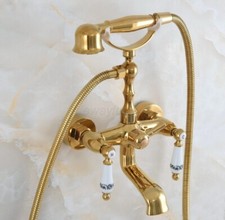 Gold Color Brass Wall Mount Bathroom Clawfoot Tub Filler Faucet Handshower