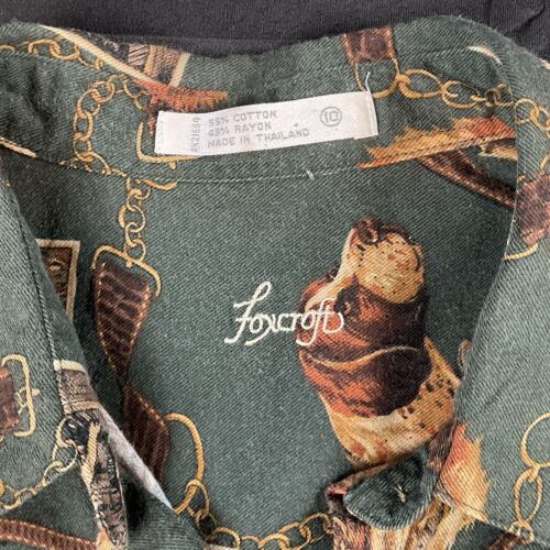 Foxcroft Button Up Shirt Blouse Cotton Blend Green Dog Print Size 10 Old Money - Picture 7 of 13
