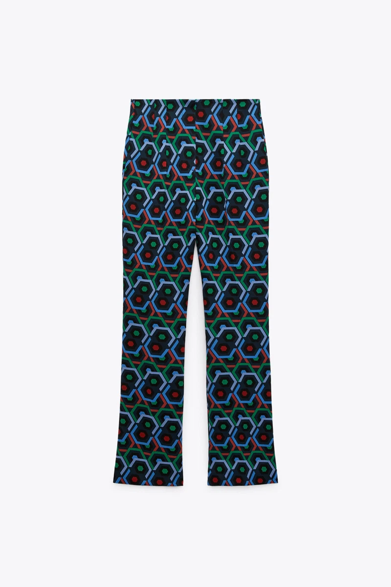 NWT Zara Women s FLARED TROUSERS WITH GEOMETRIC PRINT MULTICOLOR