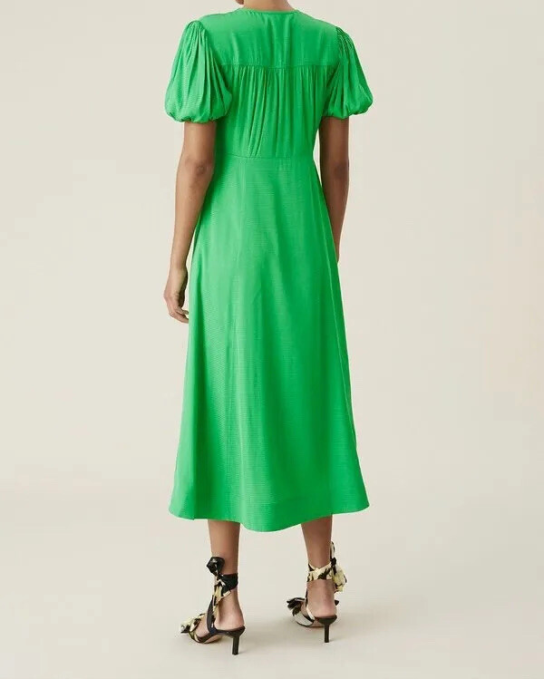 ★Ganni★ Puff Sleeve V-Neck Striped One Piece Light Green F GANNI Ripstop Puff Sleeve Midi Maxi Wrap Dress Sz:6 (38) NWT