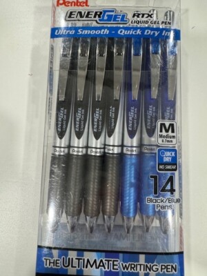 NEW 14 Pentel EnerGel RTX Retractable Liquid Gel Pen 0.7mm Med. BLACK BLUE SEALE